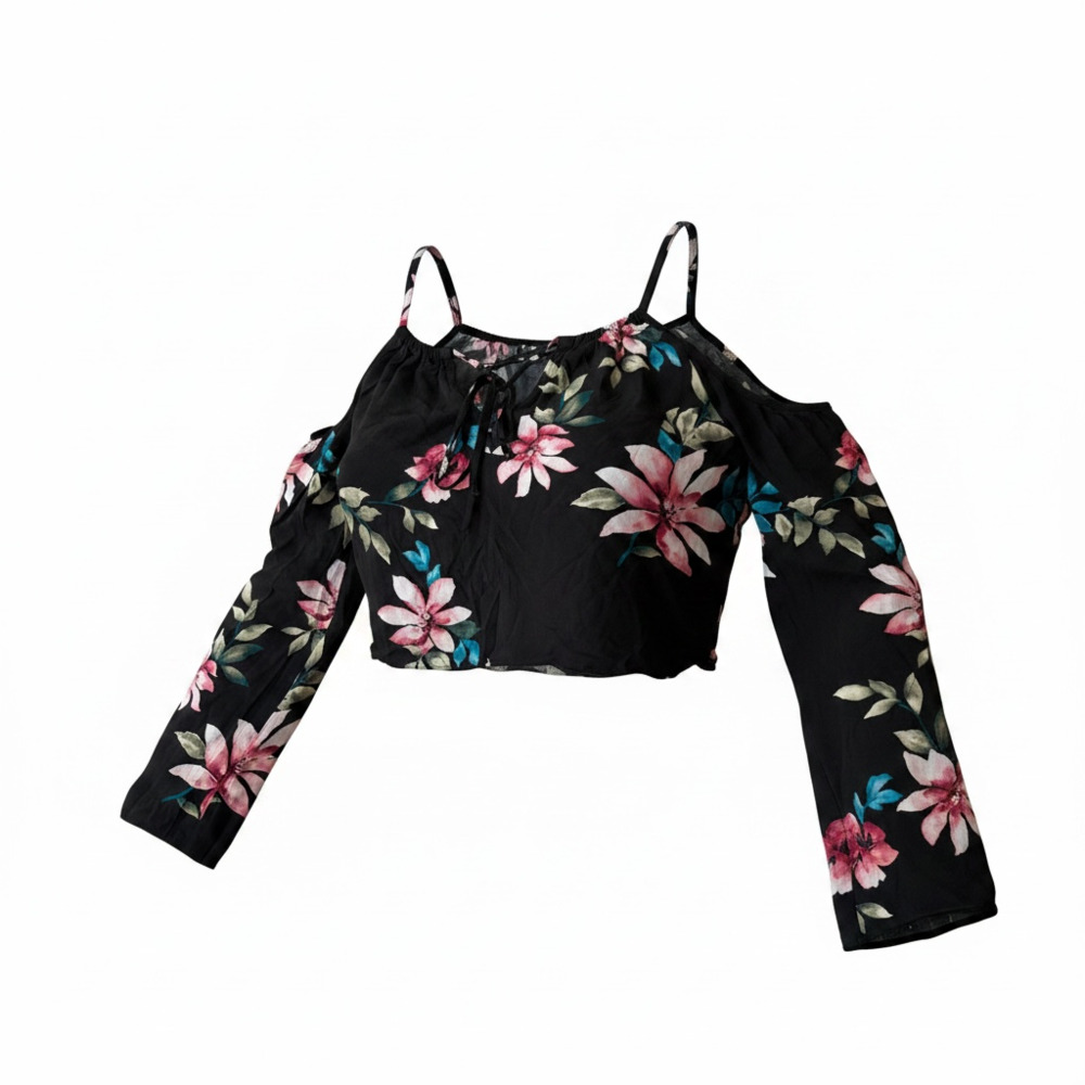 Forever 21 Women's Black Floral Print Cold Shoulder Long Sleeve Crop Top